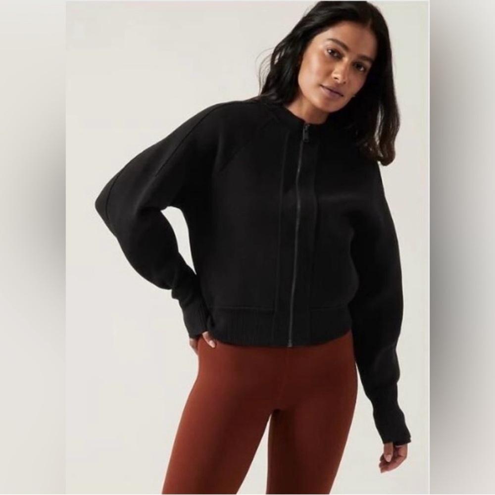 Athleta Black Sequoia Sweater Bomber Jacket Full Zip Athleisure Knit Top Small